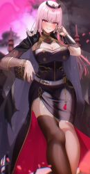 1girl 404_(pixiv_94263879) absurdres belt black_cape black_dress black_sleeves black_tiara blush breasts brown_thighhighs cape cleavage closed_mouth commentary detached_sleeves dress fingernails highres hololive hololive_english large_breasts long_hair long_sleeves looking_at_viewer mori_calliope mori_calliope_(1st_costume) nail_polish pink_eyes pink_hair pink_sky see-through_clothes see-through_sleeves see-through_veil single_bracer single_detached_sleeve single_thighhigh sky smile solo spiked_cape thighhighs thighs tiara tree veil virtual_youtuber white_belt
