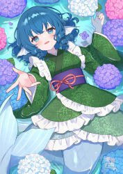 1girl ahase_hino animal_ears blue_eyes blue_hair blush drill_hair drill_sidelocks fins flower frilled_kimono frills green_kimono head_fins highres hydrangea japanese_clothes kimono long_hair long_sleeves looking_up lying mermaid monster_girl obi open_mouth sash short_hair sidelocks smile solo touhou wakasagihime water wide_sleeves