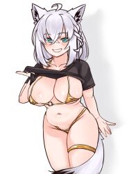 1girl animal_ears areola_slip arrivedcold bikini blue_eyes breasts clothes_pull crop_top fox_ears fox_girl fox_tail gold_bikini gold_thighlet grey_hair grin highres hololive large_breasts looking_at_viewer navel plump pulling_own_clothes shirakami_fubuki shirt_pull smile solo swimsuit tail teeth virtual_youtuber