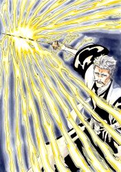 Rule 34 | 1boy, alpen no koyari, arm guards, bankai, black hakama, black kimono, blank eyes, bleach, bleach: sennen kessen-hen, commentary, electricity, electrokinesis, facial hair, feet out of frame, fighting stance, forehead, grey hair, hakama, highres, holding, holding sword, holding weapon, japanese clothes, kimono, koukou gonryou rikyuu (bankai), kubo tite (style), long sleeves, male focus, mature male, mustache, nose, official style, outstretched arm, parted lips, rapier, sasakibe choujirou, serious, short eyebrows, short hair, simple background, solo, spiked hair, standing, sunken cheeks, sword, v-shaped eyebrows, weapon, wide sleeves