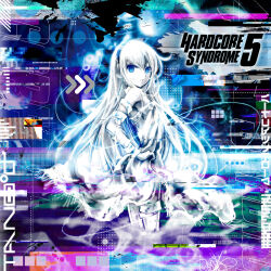 1girl album_cover bandaged_arm bandaged_leg bandages bare_shoulders blue_eyes colored_skin cover doro_c dress hand_on_own_hip hardcore_tano_c headphones highres kei_(keigarou) legs_together long_hair parted_lips solo standing white_dress white_hair white_skin