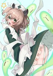 1girl animal_ears apron ass blush brown_hair clothes_lift dress dress_lift frilled_apron frills garter_straps green_dress green_eyes hair_between_eyes hair_ribbon hat highres indie_virtual_youtuber mishima_nina naplings_(nimi_nightmare) nimi_nightmare nurse_cap open_mouth panties ribbon star_(symbol) tapir_ears tapir_girl teeth thighhighs underwear upper_teeth_only virtual_youtuber white_apron white_hat white_panties white_ribbon white_thighhighs