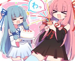 &gt;_&lt; 2girls :d bare_shoulders birthday_cake black_dress black_sleeves blue_hair blue_ribbon blue_thighhighs blunt_bangs blush border cake commentary_request cowboy_shot detached_sleeves dress food hair_ribbon hibino_000 highres holding holding_plate kotonoha_akane kotonoha_aoi long_hair long_sleeves multiple_girls open_mouth outline outside_border party_popper pink_background pink_hair pink_thighhighs plate red_ribbon ribbon sidelocks sleeveless sleeveless_dress smile thighhighs translated voiceroid white_border white_dress white_outline white_sleeves wide_sleeves xd