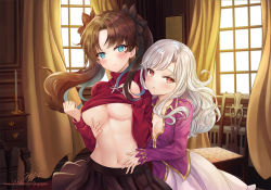 2girls age_difference blush breasts fate/stay_night fate_(series) highres illyasviel_von_einzbern jin_yoo_pon loli long_hair looking_at_viewer multiple_girls onee-loli pon tohsaka_rin yuri