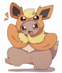 animal_focus brown_eyes character_hood clothed_pokemon cosplay eevee fang flareon flareon_(cosplay) full_body gen_1_pokemon highres kemosuk nintendo no_humans open_mouth pokemon pokemon_(creature) pokemon_focus simple_background smile solo white_background