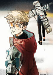 2boys absurdres ayb_986 black_hair black_pants black_shoes black_straps blonde_hair blue_eyes coat cross cross_punisher earrings eyes_visible_through_eyewear facing_away from_behind highres hood hood_down hooded_coat jewelry large_cross male_focus mole mole_under_eye multiple_boys nicholas_d._wolfwood orange-tinted_eyewear pants prosthesis prosthetic_arm red_coat round_eyewear shoes short_hair single_earring sunglasses tinted_eyewear trigun trigun_stampede undercut vash_the_stampede walking_away