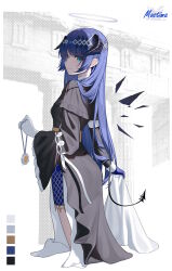 1girl absurdres arknights black_dress blue_eyes blue_hair blue_skirt character_name chinese_commentary collar collared_dress commentary cowboy_shot demon_tail demon_wings detached_wings dress energy_wings from_behind gloves hair_between_eyes halo highres holding horns light_blush long_hair long_sleeves looking_at_viewer miniskirt mostima_(arknights) skirt tail white_collar white_dress white_gloves wings wuren