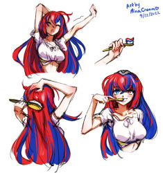 Rule 34 | 1girl, 2022, adapted costume, female alear (fire emblem), artist name, blue eyes, blue hair, blush, braid, breasts, brushing hair, brushing teeth, crossed bangs, crown braid, dated, female focus, fire emblem, fire emblem engage, heterochromia, highres, long hair, matching hair/eyes, medium breasts, messy hair, mina cream, multicolored hair, navel, nintendo, open mouth, red eyes, red hair, solo, split-color hair, tiara, toothbrush, toothpaste, two-tone hair, unkempt, very long hair, waking up