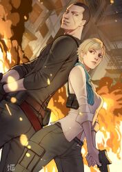 Rule 34 | 1boy, 1girl, 5tatsu, black pants, black sleeves, blonde hair, blue scarf, china, closed mouth, condenser unit, finger on trigger, fire, gun, handgun, height difference, highres, holding, holding weapon, holster, jake muller, long sleeves, night, condenser unit, outdoors, pants, resident evil, resident evil 6, scar, scar on face, scarf, scene reference, sherry birkin, short hair, shoulder holster, smile, smoke, weapon, white sleeves