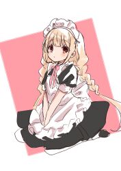 1girl apron black_dress black_shoes blonde_hair bow braid brown_eyes closed_mouth dress frilled_apron frills futaba_anzu highres idolmaster idolmaster_cinderella_girls idolmaster_cinderella_girls_starlight_stage long_hair looking_at_viewer low_twintails maid maid_apron maid_headdress pantyhose pink_background pink_bow puffy_short_sleeves puffy_sleeves rino_cnc shoes short_sleeves sitting solo twin_braids twintails two-tone_background very_long_hair wariza white_apron white_background white_pantyhose