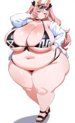 1girl animal_ears bikini blush breasts choker cleavage fat fat_woman furrification furry furry_female gigantic_breasts green_eyes hair_ornament hair_ribbon hairclip hand_on_own_hip highres kyuuri long_hair looking_at_viewer mole mole_on_breast mole_on_thigh mole_under_eye navel nicole_demara open_mouth pink_hair rabbit_ears ribbon sandals skindentation solo standing sunglasses sweat swimsuit thick_arms thick_thighs thighs twintails wide_hips zenless_zone_zero