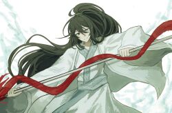 black_eyes black_hair blue_eyes chinese_clothes hanfu heterochromia high_ponytail highres holding holding_weapon hong_lu_(project_moon) limbus_company llllao216913 long_hair long_sleeves looking_at_viewer male_focus official_alternate_costume ponytail project_moon red_ribbon ribbon simple_background solo standing upper_body very_long_hair weapon white_background white_hanfu