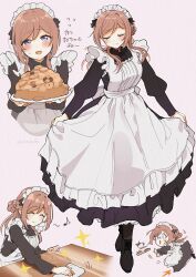 1girl ^_^ alternate_costume apron bafarin black_dress blue_eyes blush brown_hair closed_eyes cookie dress enmaided flying_sweatdrops food gakuen_idolmaster highres himesaki_rinami holding holding_cloth holding_tray idolmaster long_dress maid maid_apron maid_headdress multiple_views musical_note simple_background skirt_hold smile sparkle tray tripping twitter_username white_apron |_|