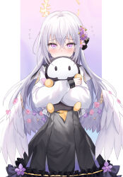 1girl azusa_(blue_archive) black_skirt blue_archive blush commentary_request covered_mouth feathered_wings flower flying_sweatdrops frilled_skirt frills grey_hair hair_between_eyes hair_flower hair_ornament halo high-waist_skirt highres hugging_object kinona long_sleeves looking_at_viewer low_wings pink_eyes pink_flower puffy_long_sleeves puffy_sleeves purple_flower shirt skirt skullman_(blue_archive) solo stuffed_toy white_shirt white_wings wings