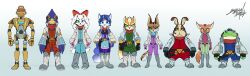 2024 4boys 4girls absurdres belt blue_background blue_eyes boots bow facing_viewer falco_lombardi fara_phoenix fay_spaniel fox_mccloud full_body gradient_background green_eyes hair_bow headset highres jacket krystal lummh miyu_lynx multiple_boys multiple_girls nintendo peppy_hare rob_64 robot scarf slippy_toad standing star_fox star_fox_2 star_fox_command star_fox_zero
