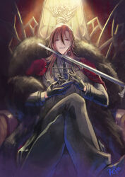 Rule 34 | 1boy, at knifepoint, black gloves, black hair, black jacket, black necktie, black pants, black shawl, black vest, blade to throat, cape, collared shirt, commission, crossed legs, crown, curtained hair, earrings, feet out of frame, fur shawl, gloves, grey shirt, hair between eyes, holding, holding crown, jacket, jewelry, long hair, long sleeves, looking at viewer, male focus, multicolored hair, necktie, orange hair, original, pants, parted lips, pinstripe pattern, pinstripe shirt, red cape, red eyes, retpa, shawl, shirt, single earring, sitting on throne, smile, smirk, solo, spotlight, streaked hair, sweater guard, sword, sword to throat, unworn crown, vest, weapon