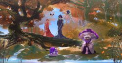 1boy 1girl 1other autumn bandal bare_tree bat_(animal) black_robe cookie_run fern forest frog highres holding holding_scythe licorice_cookie mushroom nature poison_mushroom_cookie pomegranate_cookie purple_eyes river robe rock scythe squatting sunlight tree wide_sleeves