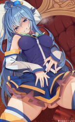 Rule 34 | 1girl, aqua (konosuba), ass, bare shoulders, blue eyes, blue hair, blush, breasts, detached sleeves, gluteal fold, hair between eyes, hair ornament, hair rings, highres, kono subarashii sekai ni shukufuku wo!, large breasts, long hair, looking at viewer, osa (osaosa), skirt, solo, thighhighs, thighs, very long hair