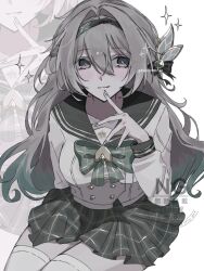 Rule 34 | 1girl, :3, black hairband, black ribbon, blush, bow, bowtie, buttons, collared shirt, double-breasted, firefly (honkai: star rail), firefly (spring missive) (honkai: star rail), gradient hair, green bow, green bowtie, green pupils, grey sailor collar, grey skirt, hair between eyes, hair intakes, hair ornament, hair ribbon, hairband, hand on own chin, honkai: star rail, honkai (series), long hair, long sleeves, multicolored eyes, multicolored hair, plaid bow, plaid bowtie, plaid clothes, pleated skirt, ribbon, rurusorachan, sailor collar, shirt, simple background, skirt, smile, solo, sparkle, star (symbol), thighhighs, twitter username, two-tone eyes, white background, white shirt, white sleeves, white thighhighs