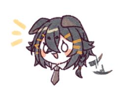 1girl :3 animal_ears arknights black_hair black_necktie blush_stickers braid chibi commentary_request cropped_shoulders crossed_bangs dog_ears dog_girl dog_tail fu-ren hair_between_eyes hair_flaps hair_ornament hairclip hikimayu jackie_(arknights) lowres necktie o_o open_mouth short_hair side_braid smile solo tail tail_wagging