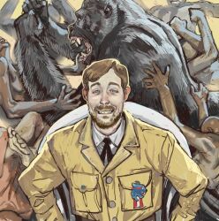 100_men_vs_1_gorilla_(meme) 6+boys animal bald beard blue_eyes brown_hair commentary english_commentary facial_hair fighting gorilla highres jacket looking_at_viewer male_focus meme mossacannibalis mrbeast multiple_boys real_life shirt short_hair white_shirt yellow_jacket