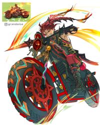 1boy armpits arms_up boots braid commentary english_commentary fiery_hair fingerless_gloves fire flamestrider_(genshin_impact) floating_hair game_screenshot_inset genshin_impact gloves grandaloe grin hair_ornament highres holding holding_sword holding_weapon instagram_logo instagram_username looking_at_viewer male_focus mavuika_(genshin_impact) motor_vehicle motorcycle multicolored_hair objectification on_motorcycle orange_eyes pants personification riding role_reversal sharp_teeth simple_background single_braid slit_pupils smile solo sword teeth twin_braids weapon white_background
