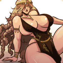 1girl 2024 arm_support armlet bare_legs black_dress blonde_hair bracelet breasts circlet cleavage closed_mouth collarbone commentary dress elden_ring english_commentary expressionless feet feet_out_of_frame female_focus freckles freckles_on_breasts fromsoftware gold gradient_background hair_over_one_eye highres huge_breasts jewelry large_breasts legs_apart long_hair low-braided_long_hair low-tied_long_hair misterfeelgood necklace queen_marika_the_eternal red_lips red_nails revealing_clothes shiny_skin simple_background solo thick_lips thick_thighs thighs toon_(style) variant_set very_long_hair yellow_eyes