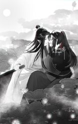 Rule 34 | 1010923, 2boys, ahoge, bishounen, black hair, black hanfu, boat, bud, chinese clothes, closed eyes, closed mouth, cloud, couple, eye contact, face-to-face, flower, greyscale, hair ribbon, hands on own face, hanfu, headband, high ponytail, highres, holding, holding oar, imminent kiss, lan wangji, leaf, long hair, long sleeves, looking at another, lotus, lotus leaf, male focus, modao zushi, monochrome, multiple boys, oar, on boat, open mouth, outdoors, ponytail, profile, red ribbon, ribbon, robe, sidelocks, sitting, sky, smile, spot color, sun, topknot, twitter username, water, watercraft, watermark, wei wuxian, white hanfu, white headband, wide sleeves, xiao guan (headdress), yaoi