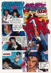 bag black_hair black_undershirt brown_eyes collared_shirt comic dark-skinned_female dark_skin dress_shirt earrings english_text fighters_megamix fighting fighting_vipers grace_(fighting_vipers) handbag heart japanese_text jewelry kicking lipstick looking_back makeup official_alternate_costume official_art ponytail red_lips ring sega shirt sound_effects speech_bubble undershirt wavy_hair white_shirt