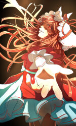Rule 34 | 1girl, 3year etarou, bow, dress, ear bow, floating clothes, floating hair, grin, hat, hat ribbon, highres, long hair, looking at viewer, nail polish, parted lips, partially shaded face, red bow, red dress, red eyes, red hair, red nails, red ribbon, red thighhighs, ribbon, short sleeves, smile, solo, still in love (umamusume), thighhighs, two-tone dress, umamusume, veil, very long hair, white dress, white veil