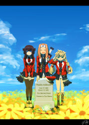 3girls absurdres black_hair black_thighhighs blazer blonde_hair blue_eyes blue_sky boots bouquet braid brown_footwear brown_hair closed_mouth clothing_request cloud field flower flower_field furrowed_brow grave green_eyes hair_flaps hair_ornament hairband hat highres jacket lace-up_boots long_hair looking_at_viewer low_twin_braids messy_hair multiple_girls neck_ribbon open_mouth original pants peaked_cap potg_(piotegu) red_hat red_jacket ribbon salute scar scar_on_hand sky smile standing straight_hair sword tearing_up thighhighs tombstone twin_braids twintails v v-shaped_eyebrows v_arms wavy_mouth weapon white_flower white_hairband white_pants yellow_boots yellow_flower