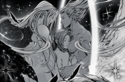 Rule 34 | 1girl, 2boys, aerith gainsborough, ass, black feathers, black wings, braid, braided ponytail, breasts, closed eyes, dated, dual persona, falling feathers, feathers, final fantasy, final fantasy vii, greyscale, group sex, hair ribbon, hair slicked back, kay-i, long bangs, long hair, medium breasts, mmf threesome, monochrome, multiple boys, nude, parted bangs, parted lips, ribbon, safer sephiroth, sephiroth, sidelocks, single braid, sparkle, threesome, twitter username, upper body, veins, veiny arms, white wings, wings