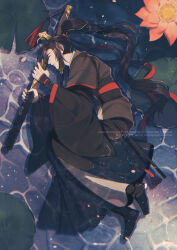 Rule 34 | 1boy, ahoge, artist name, bishounen, black boots, black hair, black hanfu, boots, chinese clothes, closed eyes, closed mouth, commentary, english commentary, flower, flute, flute tassel, from above, full body, hair ribbon, hanfu, highres, holding, holding sword, holding weapon, instrument, jian (weapon), light particles, long hair, long sleeves, lotus, lotus leaf, lying, male focus, minataka94, modao zushi, on side, partially submerged, petals, petals on liquid, pink flower, ponytail, profile, red ribbon, red sash, ribbon, ripples, robe, sash, sheath, sheathed, sidelocks, sleeping, sleeves past wrists, smile, solo, sword, sword tassel, tassel, very long hair, water, watermark, weapon, wei wuxian, wide sleeves