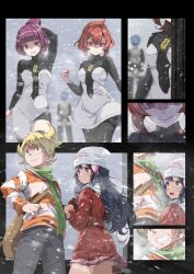 2boys 3girls absurdres barry_(pokemon) beanie blonde_hair blue_hair blush breasts brown_eyes cyrus_(pokemon) dawn_(pokemon) hat highres jupiter_(pokemon) mars_(pokemon) medium_breasts multiple_boys multiple_girls nintendo pokemon pokemon_dppt pokemon_platinum purple_eyes purple_hair red_eyes red_hair scarf smile snow snowing team_galactic teeth tsukishiro_saika winter_clothes