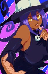 Rule 34 | 1girl, absurdres, alternate skin color, bare shoulders, black dress, black sleeves, blair (soul eater), braid, breasts, dark-skinned female, dark skin, detached sleeves, dress, fingernails, hair between eyes, hand up, hat, highres, large breasts, light-skinned palms, light smile, long fingernails, long hair, looking at viewer, low twin braids, mommyscarcass, nail polish, outstretched hand, parted lips, pink nails, purple hair, reaching, reaching towards viewer, sleeveless, sleeveless dress, slit pupils, solo, soul eater, twin braids, upper body, very dark skin, witch, witch hat, yellow eyes