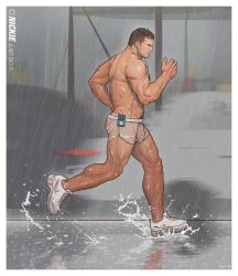 1boy artist_name bara black_hair digital_media_player earphones exercising facial_hair highres ipod large_pectorals male_focus muscular muscular_male nickiecharles original outdoors pectorals penis rain running see-through_clothes short_hair short_shorts shorts solo thighs topless_male water_drop wet wet_clothes wet_hair wet_shorts white_shorts