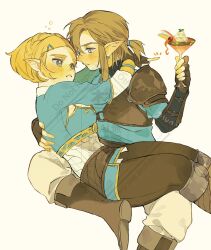1boy 1girl armor arms_around_neck black_pants blonde_hair blue_eyes blue_tunic blush boots braid brown_boots cocktail cocktail_glass cup drinking_glass earrings fingerless_gloves gloves gold_trim green_eyes hair_ornament hair_tie hairclip highres jewelry leather_armor link long_sleeves low_ponytail nintendo pants pointy_ears ponytail short_hair shoulder_armor sidelocks the_legend_of_zelda the_legend_of_zelda:_tears_of_the_kingdom thick_eyebrows tipsy tunic turippy watermark white_pants