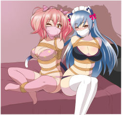10s 2girls animal_ears arms_behind_back bdsm blush bondage bound bound_ankles bow bra breast_bondage breasts brown_eyes cat_ears cat_tail cleavage cloth_gag eyeshadow fake_animal_ears gag gagged hair_bow highres idolmaster idolmaster_cinderella_girls improvised_gag indian_style jam-orbital jougasaki_mika kemonomimi_mode large_breasts legs_together long_hair makeup multiple_girls on_bed one_eye_closed over_the_nose_gag panties pink_hair pink_legwear rope shibari short_twintails silver_hair sitting slit_pupils tail takamine_noa tape tape_gag thighhighs twintails underwear underwear_only white_legwear wink yellow_eyes