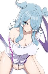 1girl absurdres aqua_eyes arms_between_legs blue_hair blush breasts cleavage cross-shaped_pupils daydarion elira_pendora elira_pendora_(1st_costume) hair_over_one_eye head_wings highres large_breasts long_hair long_sleeves looking_to_the_side low_wings mole mole_on_armpit naked_sweater nijisanji nijisanji_en pout single_off_shoulder sitting sleeves_past_wrists solo sweater symbol-shaped_pupils thighs virtual_youtuber wariza wings