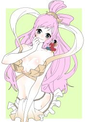 1girl absurdres blush breasts cleavage commentary_request green_background hagoromo highres japanese_clothes kimono large_breasts long_hair mermaid monkey_d._luffy monster_girl navel on_shoulder one_piece pink_hair roi3838 shawl shirahoshi sidelocks simple_background smile upper_body yellow_kimono