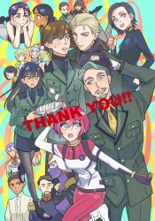 1boy 2girls 6+boys 6+girls amate_yuzuriha aqua_eyes atharv beanie beard black_hair blonde_hair blue_eyes blue_hair blush borrowed_clothes brown_eyes brown_hair challia_bull char_aznable character_request collared_shirt commentary_request comoli_harcourt deux_murasame dren_(gundam) dumpling english_text facial_hair food gates_capa gloves green_eyes gundam gundam_gquuuuuux hat helmet holding holding_food jacket jiaozi kycilia_zabi lalah_sune long_hair long_sleeves m&#039;quve mask mecha_pilot_suit miguel_serverto military_jacket military_uniform mouth_mask multiple_boys multiple_girls mustache necktie nyaan_(gundam_gquuuuuux) open_mouth pantyhose pom_pom_(clothes) pom_pom_beanie purple_eyes purple_hair red_eyes red_hair shiiko_sugai shirouzu_(gundam) shirt short_hair shuji_ito skirt smile suisuinnn sweatdrop thank_you xavier_olivette yellow_eyes