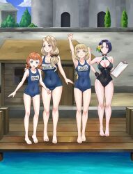 4girls absurdres alternate_costume annette_fantine_dominic arm_up black_hair black_one-piece_swimsuit blonde_hair blue_eyes blue_hair blue_one-piece_swimsuit breasts cleavage closed_mouth fire_emblem fire_emblem:_three_houses fire_emblem_heroes flower gluteal_fold green_eyes hair_flower hair_ornament hair_rings hand_on_another&#039;s_shoulder highres holding_binder igni_tion ingrid_brandl_galatea large_breasts long_hair low-tied_long_hair matching_outfits medium_breasts mercedes_von_martritz multiple_girls name_tag nintendo official_alternate_costume old_school_swimsuit one-piece_swimsuit open_mouth orange_hair outdoors pool poolside purple_eyes school_swimsuit shamir_nevrand shamir_nevrand_(summer) small_breasts smile stretching swimsuit