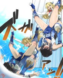1girl absurdres blonde_hair blue_footwear boots breasts brown_hair character_request clenched_teeth grin hanabusa_(xztr3448) highres kano_ruri kinniku_driver large_breasts leotard long_hair midair ring_dream smile sweat teeth upside-down wrestling wrestling_outfit