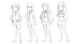 Rule 34 | alternate breast size, alternate hairstyle, arm under breasts, asymmetrical sidelocks, blazer, book, bow, breasts, buttons, clenched hand, closed mouth, collared shirt, commentary, concept art, crossed arms, doki doki literature club, doki doki literature club, doki doki literature club school uniform, dot mouth, dot nose, dress shirt, english commentary, eyebrows hidden by hair, full body, game cg, greyscale, hair bow, hair ornament, hairclip, half-closed eyes, hand on own arm, hand on own hip, hands on own hips, high ponytail, highres, holding, holding book, horoko, jacket, kneehighs, large bow, light smile, lineup, long eyelashes, long hair, long sidelocks, long sleeves, looking at viewer, mary janes, medium breasts, miniskirt, monika (doki doki literature club), monochrome, natsuki (doki doki literature club), neckerchief, non-web source, official art, parted bangs, pleated skirt, ponytail, production art, raised eyebrows, sayori (doki doki literature club), school uniform, shirt, shoes, short hair, sidelocks, simple background, sketch, skirt, small breasts, socks, standing, swept bangs, tareme, thick eyelashes, two side up, very long hair, white background, yuri (doki doki literature club)