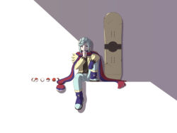 1boy arice487 belt blue_boots blue_mittens boots commentary eyelashes full_body green_pants grusha_(pokemon) hand_up highres jacket long_sleeves looking_at_viewer male_focus mittens nintendo open_clothes open_jacket pants poke_ball poke_ball_(basic) pokemon pokemon_sv scarf scarf_over_mouth single_mitten sitting snowboard solo striped_clothes striped_scarf yellow_jacket