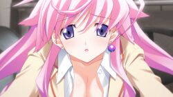 1girl 3d_background beads blazer breasts brown_jacket chaos;head chaos;head_love_chu_chu! cleavage collared_shirt constricted_pupils earrings game_cg hair_between_eyes hair_over_shoulder jacket jewelry lapels large_breasts long_hair looking_at_viewer matsuo_yukihiro mismatched_earrings narrowed_eyes non-web_source notched_lapels official_art open_clothes open_collar open_jacket open_mouth partially_unbuttoned pink_hair pink_lips plaid_clothes pov purple_eyes red_trim school_uniform seira_orgel shiny_eyes shiny_lips shiny_skin shirt suimei_school_uniform swept_bangs tongue white_shirt