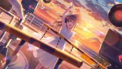 bird bow cloud dress dutch_angle fence hat highres idoly_pride iron_fence looking_at_viewer nagase_mana non-web_source ocean official_art railroad_crossing straw_hat sunset traffic_light twilight waving_arms white_dress