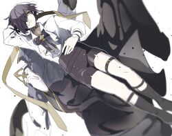 Rule 34 | 1boy, black bow, black bowtie, black choker, black coat, black hair, black shorts, black socks, bow, bowtie, choker, closed mouth, coat, collared shirt, commentary request, datenshi no fu, despair god morroc, frown, full body, hair between eyes, hair over one eye, highres, long bangs, looking at viewer, male focus, orange eyes, ragnarok masters, ragnarok online, shirt, short hair, shorts, simple background, socks, solo, thigh strap, unworn coat, white background, white shirt