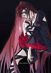 1girl black_dress blush bow braid breasts choker dress fate/grand_order fate_(series) hair_between_eyes high_heels highres house_tag_denim long_hair long_sleeves looking_at_viewer red_hair small_breasts solo thigh_strap typhon_ephemeros_(fate) typhon_ephemeros_(second_ascension)_(fate) very_long_hair wide_sleeves yellow_eyes
