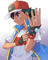 1boy adjusting_clothes adjusting_gloves ash_ketchum black_hair blue_vest brown_eyes closed_mouth commentary_request cyaneko fingerless_gloves gloves hat highres male_focus nintendo open_clothes open_vest pokemon pokemon_(anime) pokemon_journeys red_hat shirt short_hair short_sleeves solo t-shirt vest